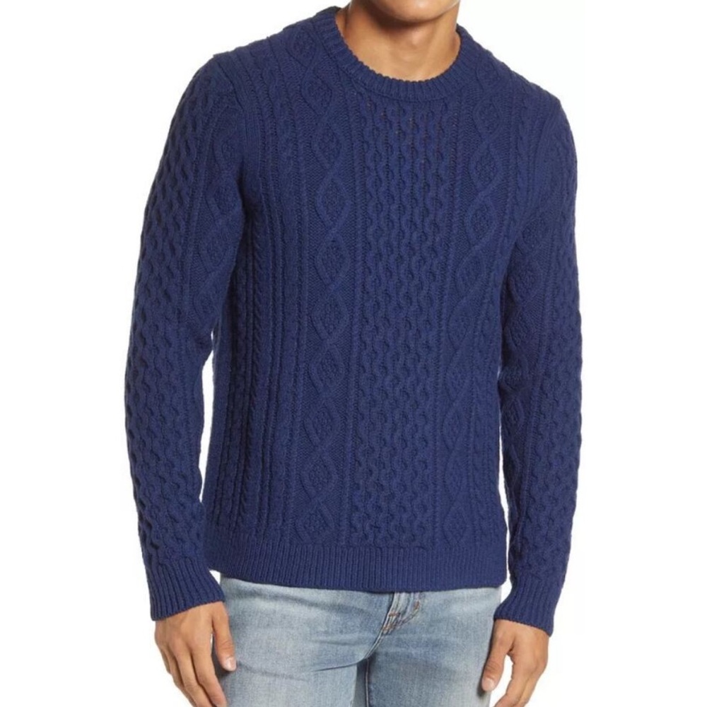 Outerknown Mens Fisherman Sweater Relax Cable Knit Crew Neck Navy XL Wool Blend